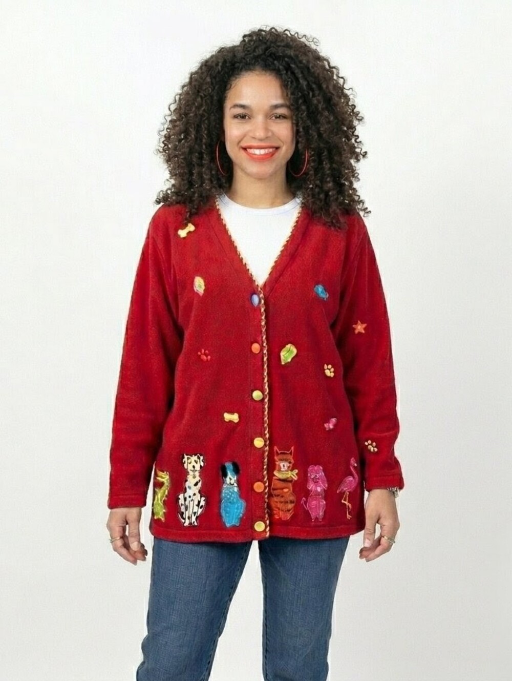The Quacker Factory Vintage Dog Red Multicolor Pet Cardigan - 1X
